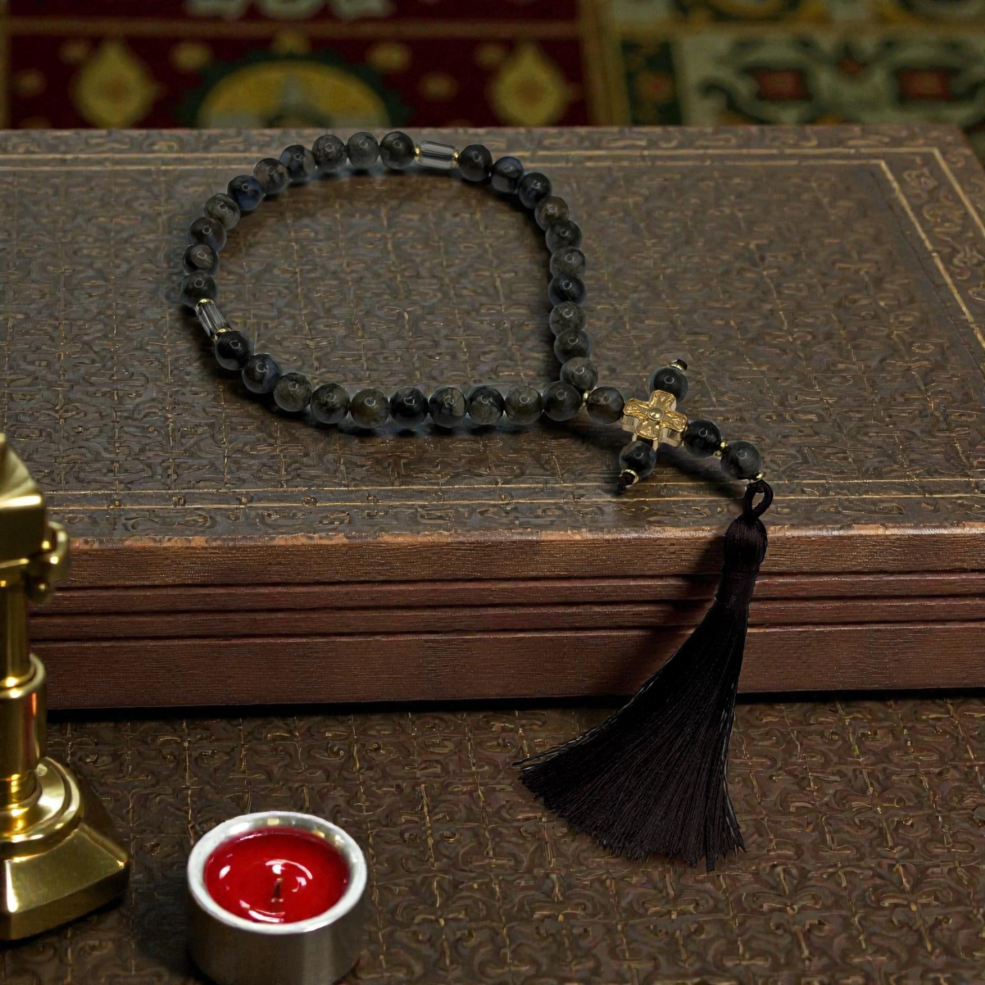 Metanier cu 30 bile din pietre naturale semiprețioase Agat – cruce metalică image 2