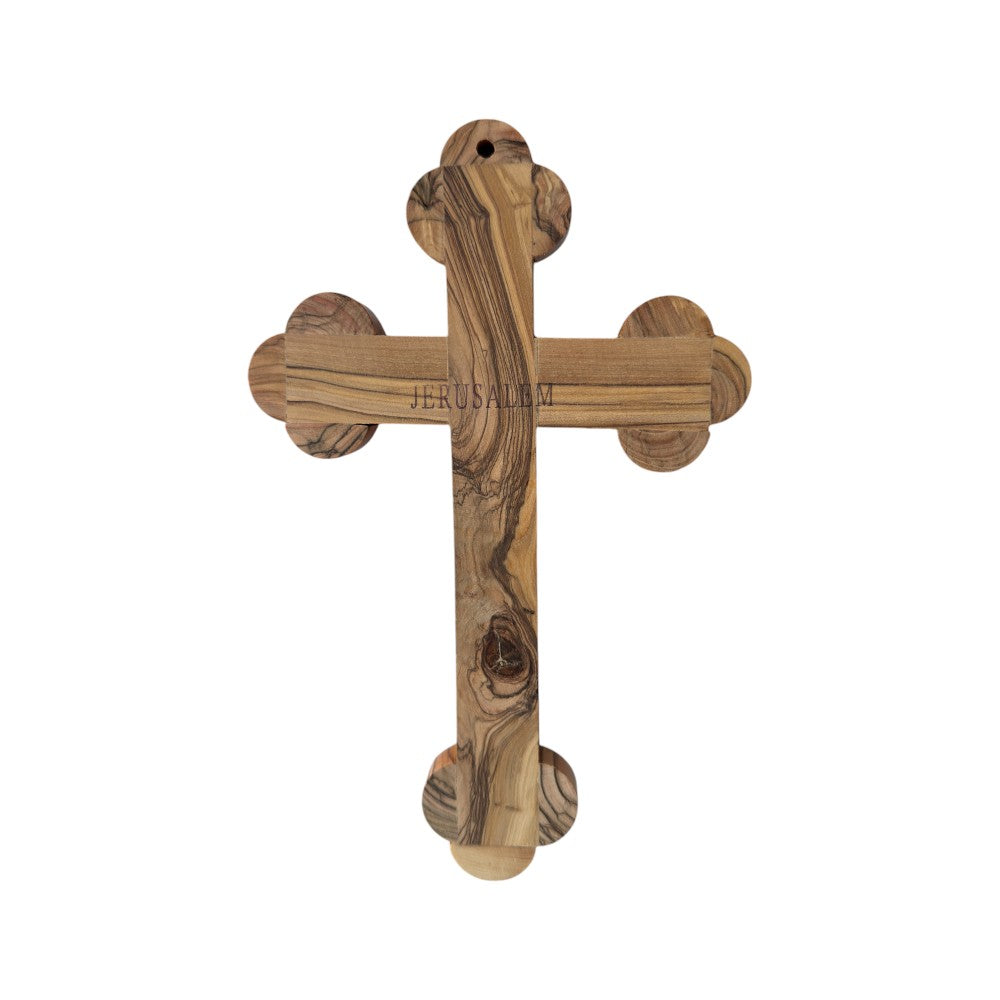 Cruce ortodoxă din lemn de măslin, cu 4 elemente sfinte din Ierusalim pentru perete image 2