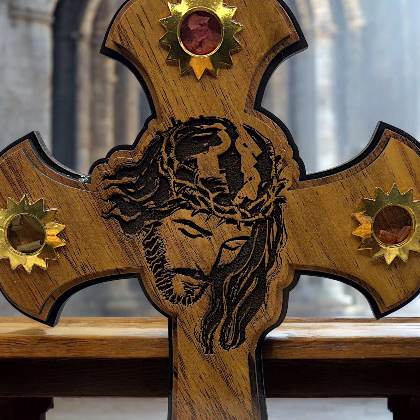Cruce din lemn de Măslin cu Iisus Hristos , ulei sfânt, apă din Râul Iordan și 4 elemente sfinte ale Ierusalimului image 1