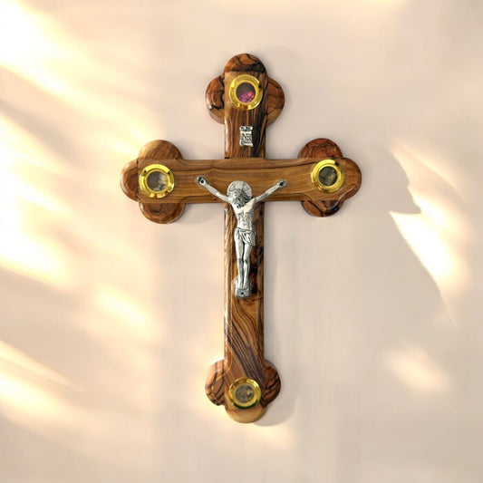 Cruce ortodoxă din lemn de măslin, cu 4 elemente sfinte din Ierusalim pentru perete image 0