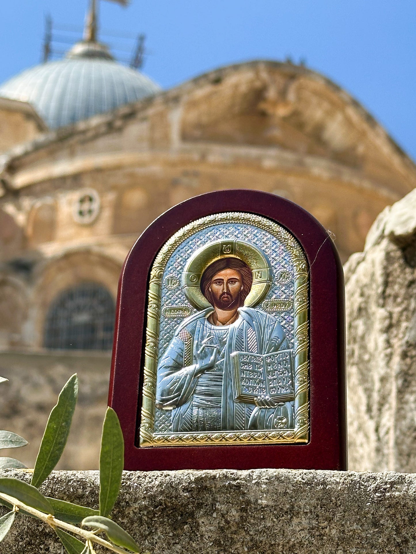 Icoană Iisus Hristos din Ierusalim placata cu argint. Sfintita la Piatra Ungerii de la Mormantul Sfant image 1