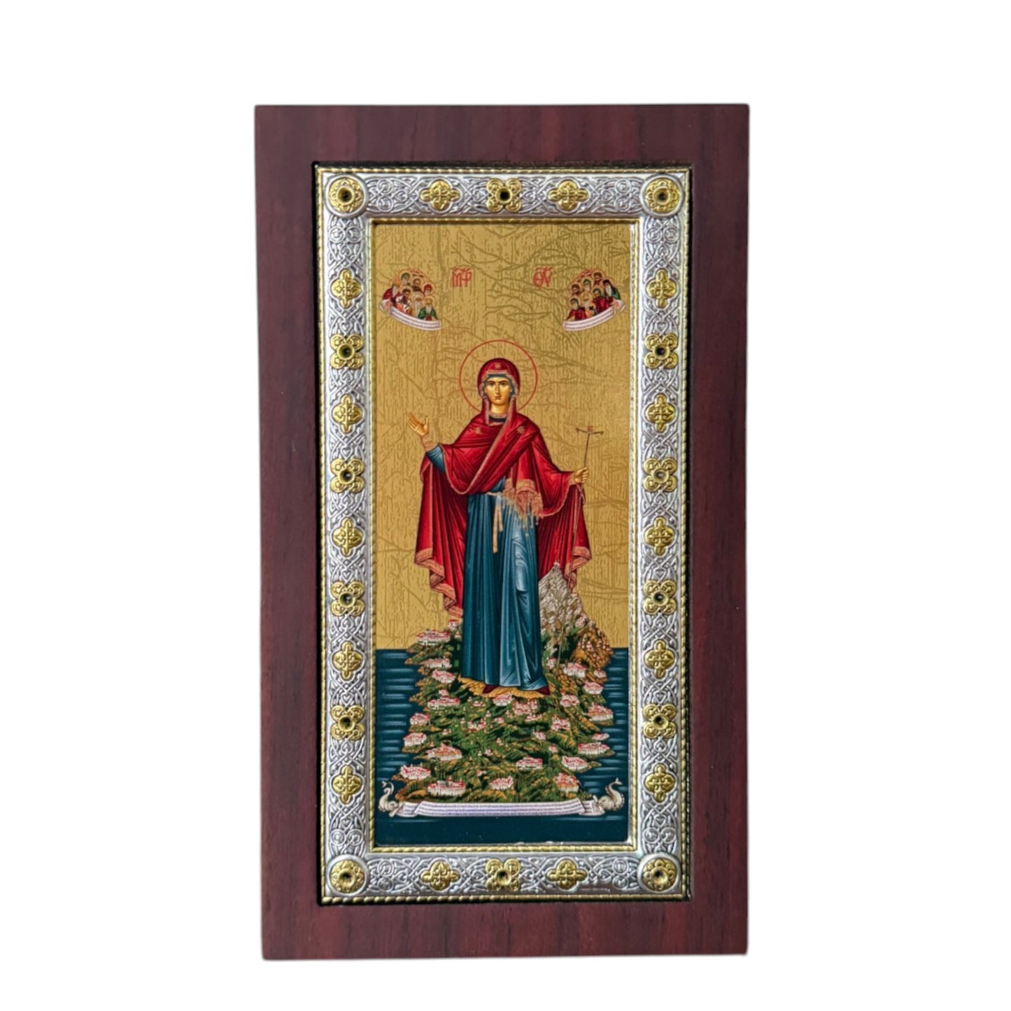 Icoana Argint Maica Domnului Bucuria Tuturor Celor Necajiti - Rama Lemn Mahon"