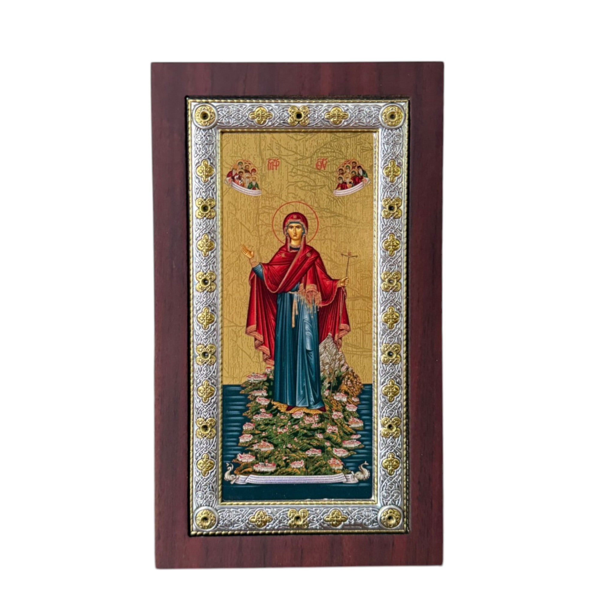 Icoana Argint Maica Domnului Bucuria Tuturor Celor Necajiti - Rama Lemn Mahon"