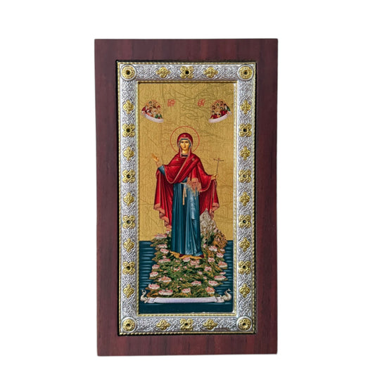 Icoana Argint Maica Domnului Bucuria Tuturor Celor Necajiti - Rama Lemn Mahon"