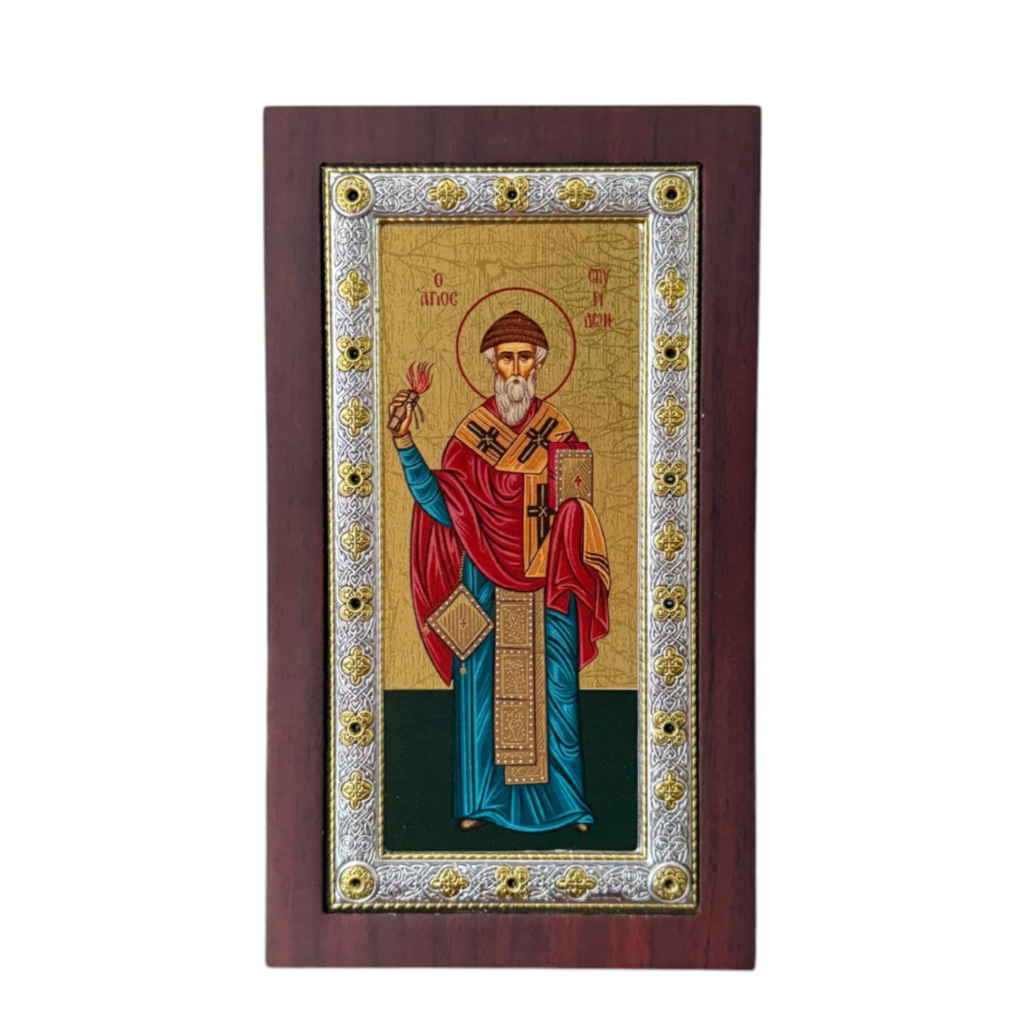 Icoana Argint Sfantul Spiridon al Trimitundei - Rama Lemn Mahon, Placata cu Argint