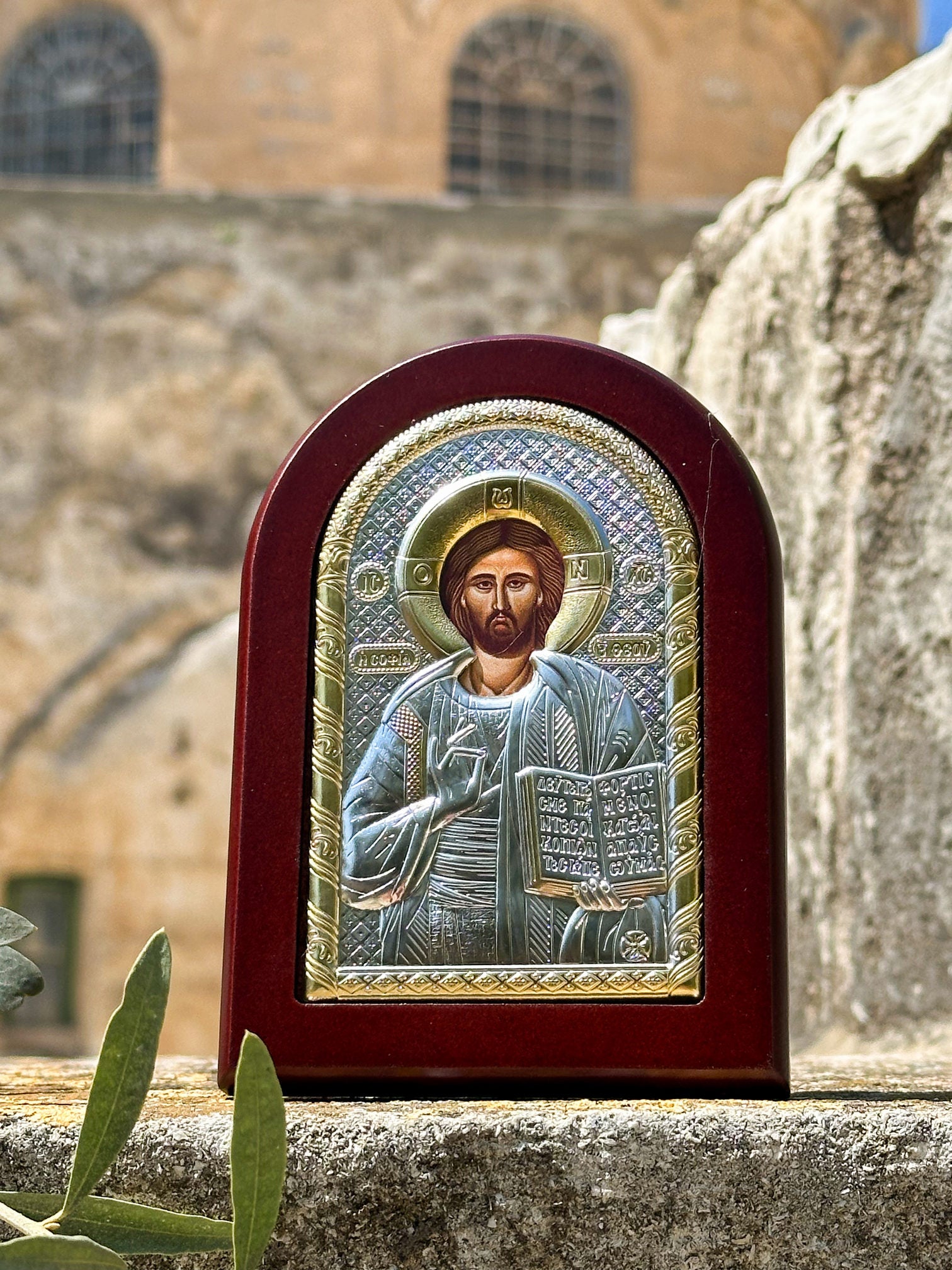 Icoană Iisus Hristos din Ierusalim placata cu argint. Sfintita la Piatra Ungerii de la Mormantul Sfant image 0