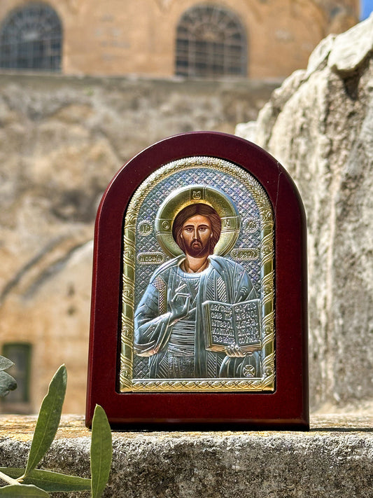 Icoană Iisus Hristos din Ierusalim placata cu argint. Sfintita la Piatra Ungerii de la Mormantul Sfant image 0