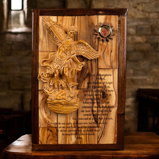 Icoană Sculptată Manual – Arhanghelul Mihail cu Rugăciunea de Ocrotire image 0